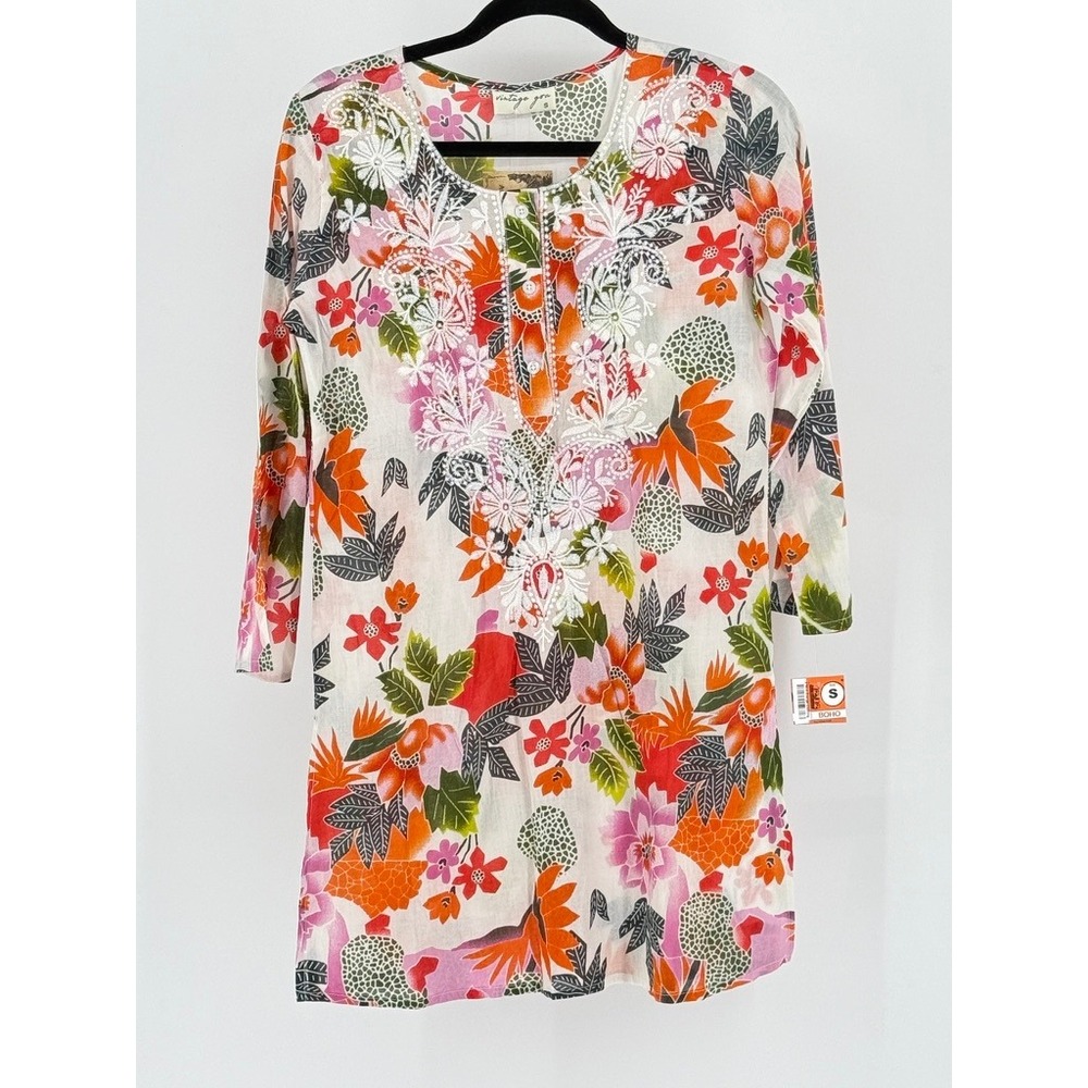 Vintage Goa Boho Floral Top Cotton‎ Tunic Multicolor Tropical Resortwear